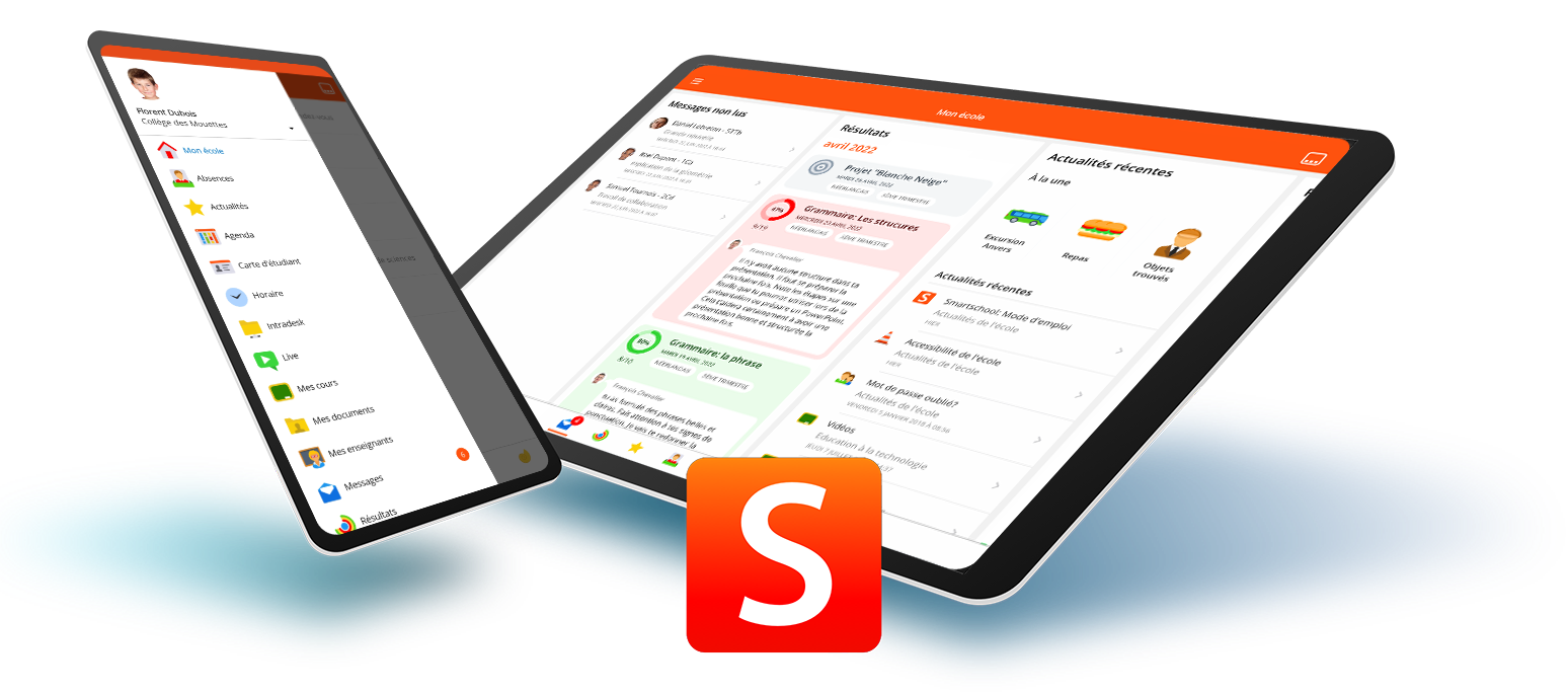 Application Smartschool sur un smartphone et une tablette